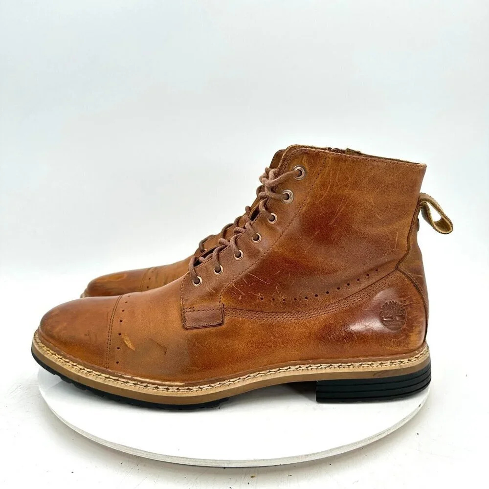 Timberland Men Size 9 A12U8 Brown Leather Brogue Cap Toe Lace up Ankle Boot